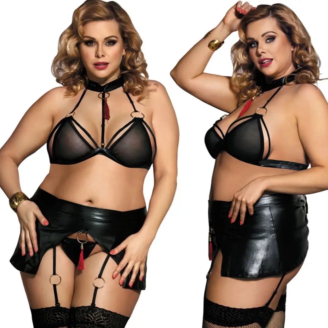 Hidden Treasures Lingerie Latex Costume Appearance Sexy 3-Piece Set with Skirt and Garter Belt - Feminine, Elegant Lace and Breathable Fabric