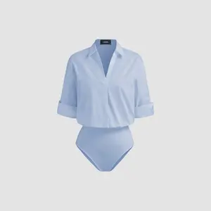 Cider 100% Cotton Collar Roll-up Sleeve Shirt Bodysuit