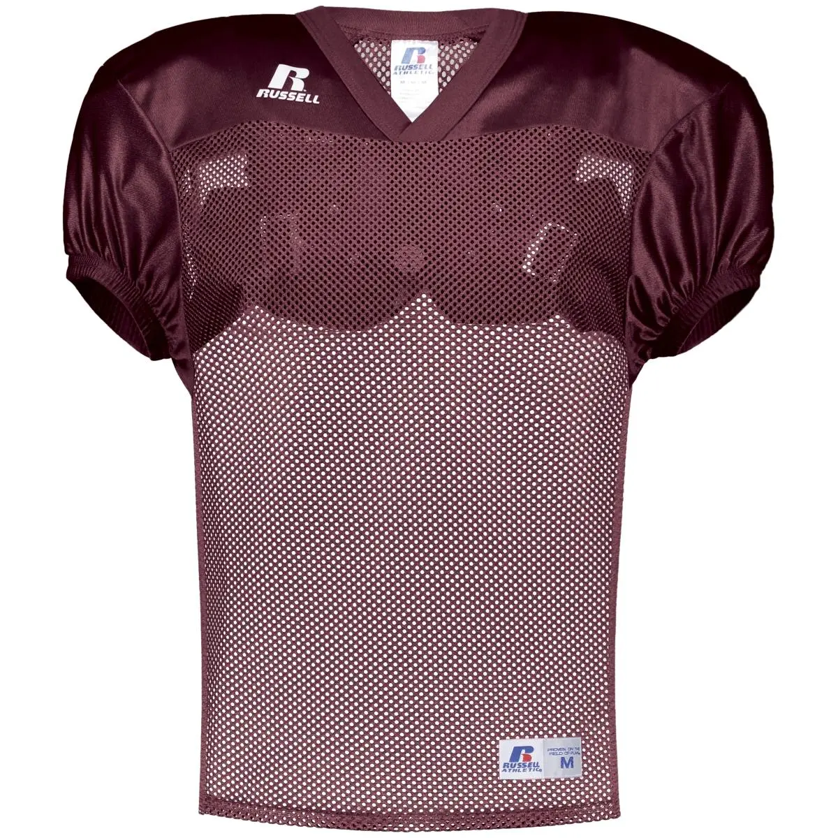 Russell S096BM.MAR.3XL Men's Breathable Football Sports Jersey - Maroon, 3XL, Dazzle Warp Knit Sleeves, Double Ply Yoke, Mini Porthole Mesh Body, Outside Locker Label, Textured Mesh, Synthetic Adult Practice Top, Sports Jersey Men's Football Tops, Russell