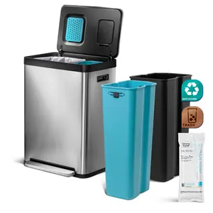 Home Zone Living 19 Gallon Stainless Steel Dual Trash and Recycling Can with CleanAura Odor Control and Soft Close Lid, Silver
