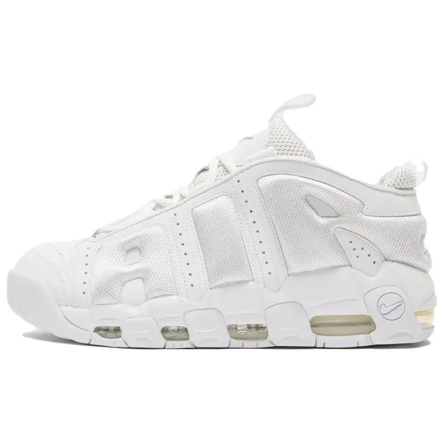 Nike Air More Uptempo Low 'Triple White' Athletic Shoes, Men's/Women's Sports Sneakers, Basketballshoes, Hoops Shoes, Rubber, Leather, Unisex, Casual Wear, Low Top, Mesh Accents