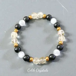 Citrine, Selenite, Black Tourmaline and Gold Plated Stainless Steel Spacers Crystal Bracelet Natural Stones 8mm Unisex - Protection, Purification, Abundance