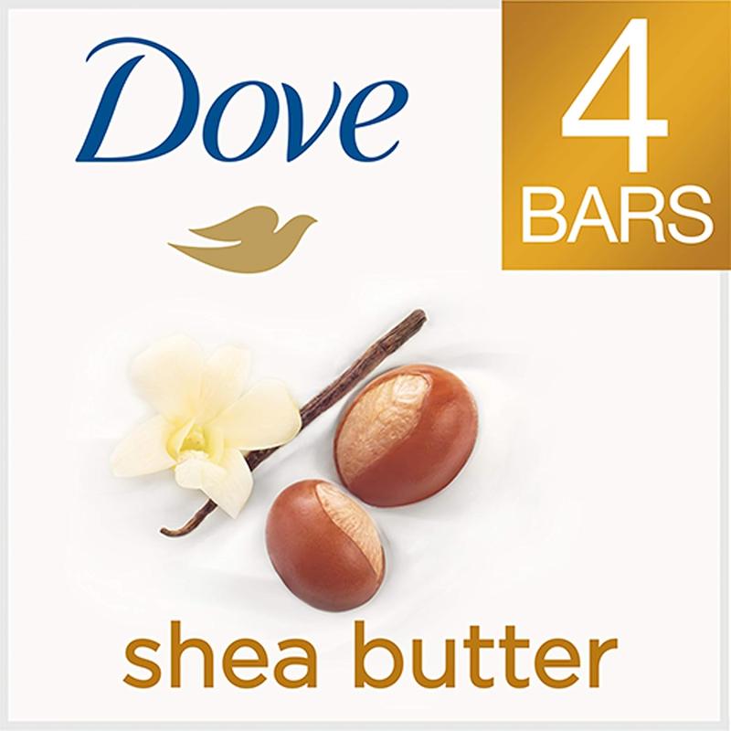 Dove Beauty Bar Soap Shea Butter 4 Count for Nourished, Radiant Skin, Enriches Skin 3.75 oz