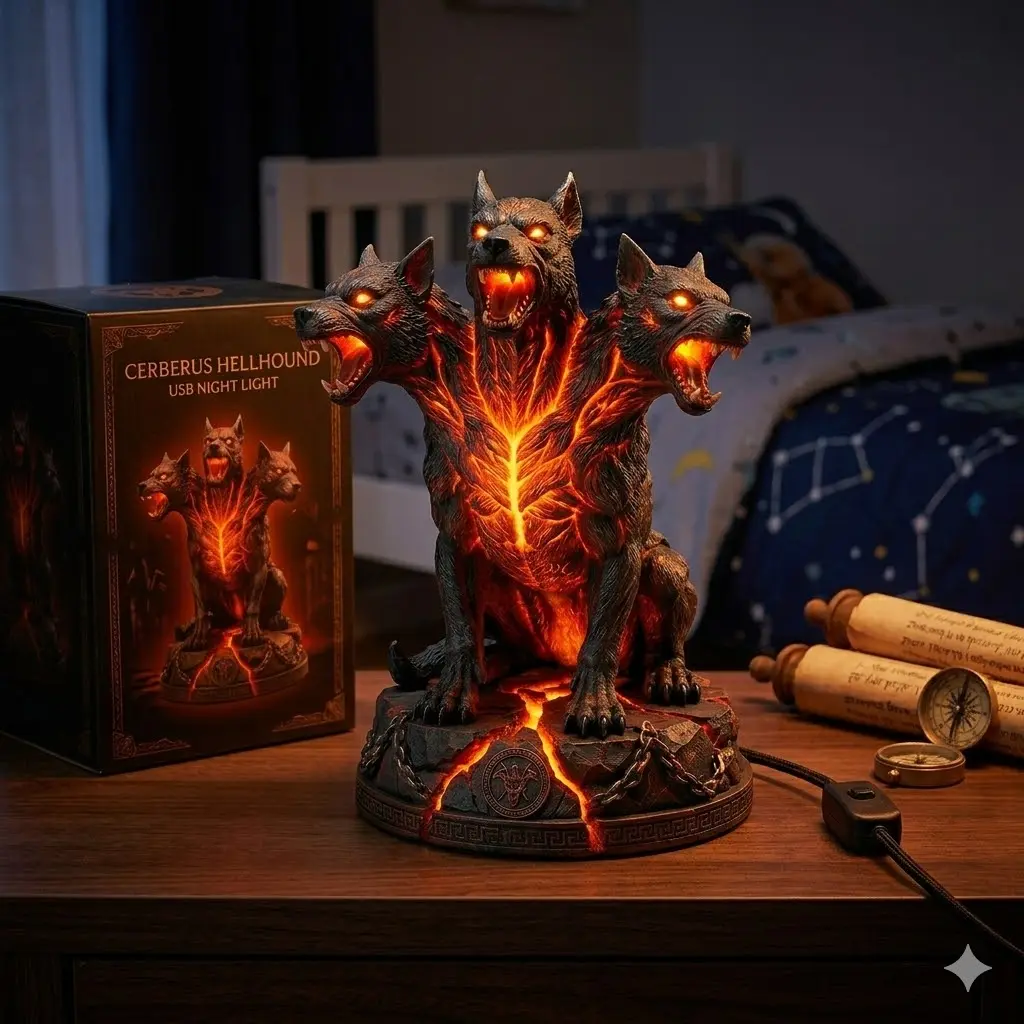 Cerberus 3-Headed Dog Resin Statue Night Light, Gothic Hellhound Sculpture Lamp, Home Office Desk & Bookshelf Decor Ornament