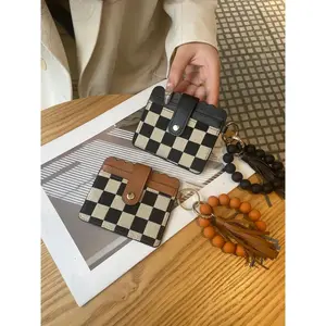 Fashion Checkered Card Holder Card Slot, Beaded Decor Microfiber Leather Keychain, Tassel Decorated Wrist Strap Keychain, Casual Jewelry for Women & Girls, Keychain Wristlet, Fashionable Card Holder