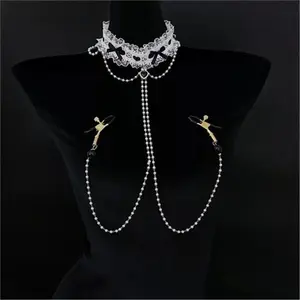 Black Lace Choker with Bow Heart Bell Rhinestone & Pearl Chain Decor Set