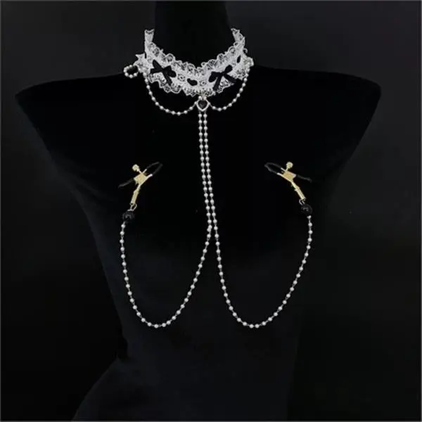 Black Lace Choker with Bow Heart Bell Rhinestone & Pearl Chain Decor Set
