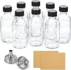 8 Pack, 2 oz Small Clear Glass Bottles w/Lid & 2 Funnels - 60ml Boston Shot Bottles for Health, Immunity, Potion, Wellness, Sample, Ginger, Juice - Mini Personal Care & Beauty Travel Bottle