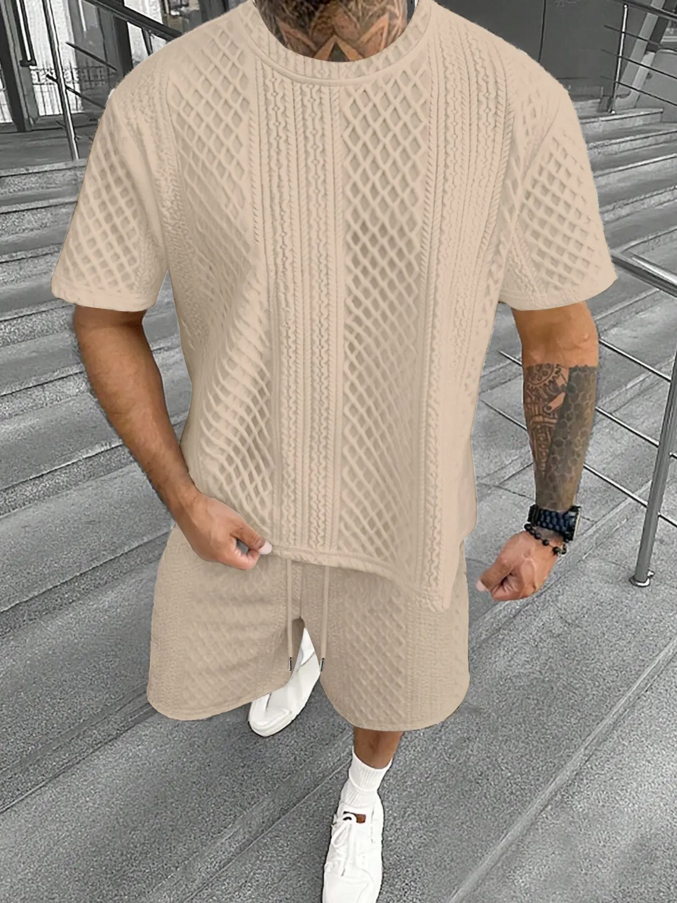 Men's 2-Piece Spring Summer Set with Solid Color Textured Short Sleeve T-Shirt, Casual Loose Knit Top and Outdoor Drawstring Shorts