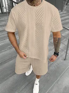 Men's 2-Piece Spring Summer Set with Solid Color Short Sleeve T-Shirt, Casual Loose Knit Top and Outdoor Drawstring Shorts