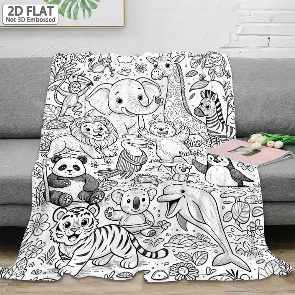 1pc Coloring Book Style Flannel Blanket Suitable for All Warmth with Jungle & Ocean Line-Art - Soft Bedspread for Room, Sofa Napping, Cozy Bedding, Cozy Throw Blanket, Gift Blanket, Blanket for Couch, Blankets for Sofa, 2D Flat