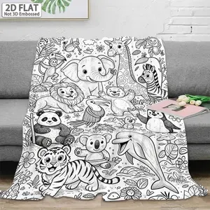 1pc 1pcs Coloring Book Style Flannel Blanket Suitable for All- Warmth with Jungle & Ocean Line-Art (Elephant, Giraffe, Panda) - Soft Bedspread for Room,, Sofa Napping, Cozy Bedding for, Cozy Throw Blanket, Gift Blanket, 2D Flat