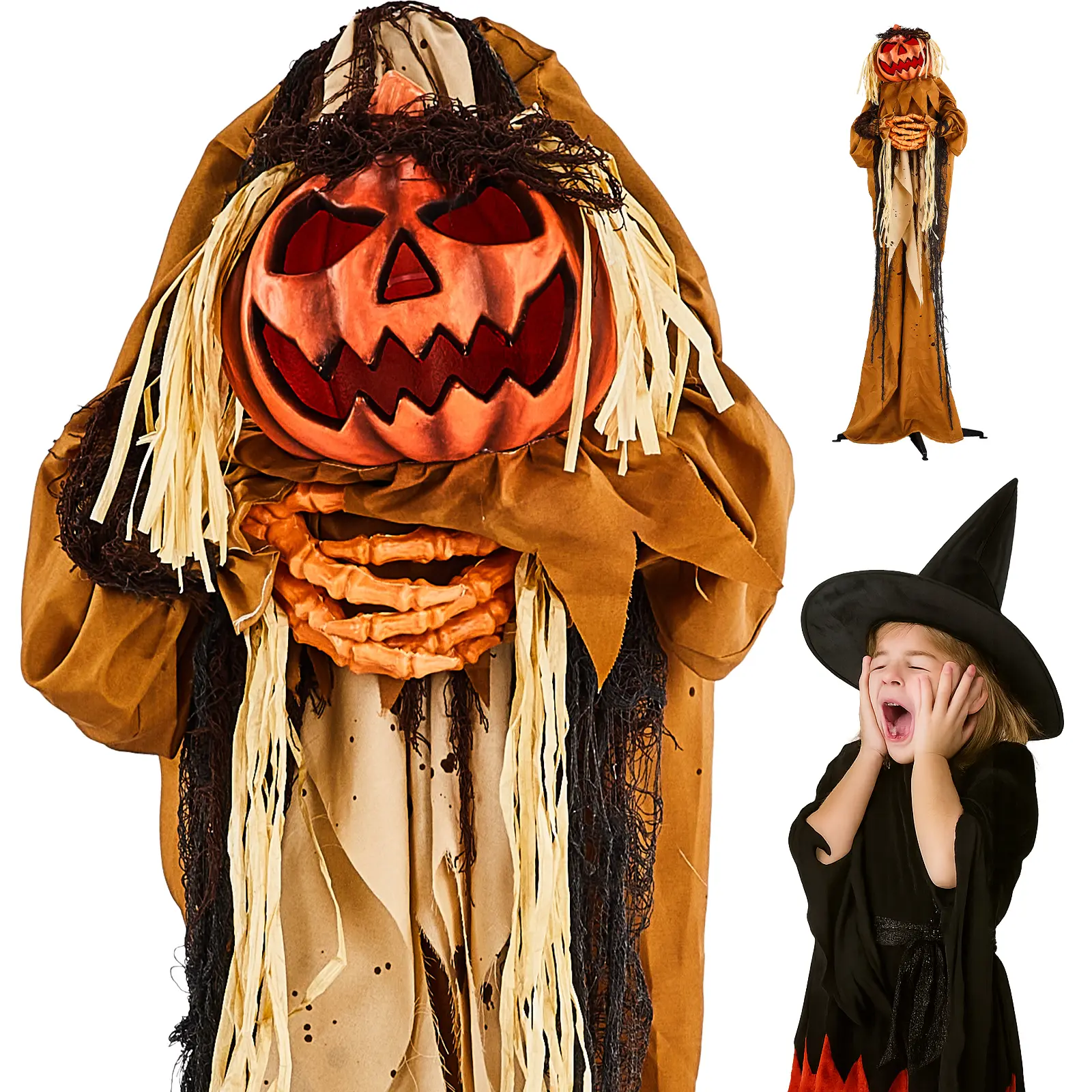 Ubesgoo Rotatable Head Pumpkin Man Halloween Standing Decor, Sound Activated with Red LED Light Eyes, Scary Male Voice, Battery Operated (Batteries Not Included)