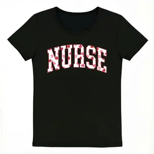 For Youself- Women's Nurse T-Shirt, Cute Heart Print Varsity Letter Graphic Tee, Valentine's Day Nursing Scrub Top Alternative, Black Short Sleeve Gift