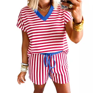 Mntaor Women's 4th of July Matching Set Red Stripe V-Neck Tee & Drawstring Shorts Patriotic Americana for Festivals Picnics Street Style Clothes Womenswear