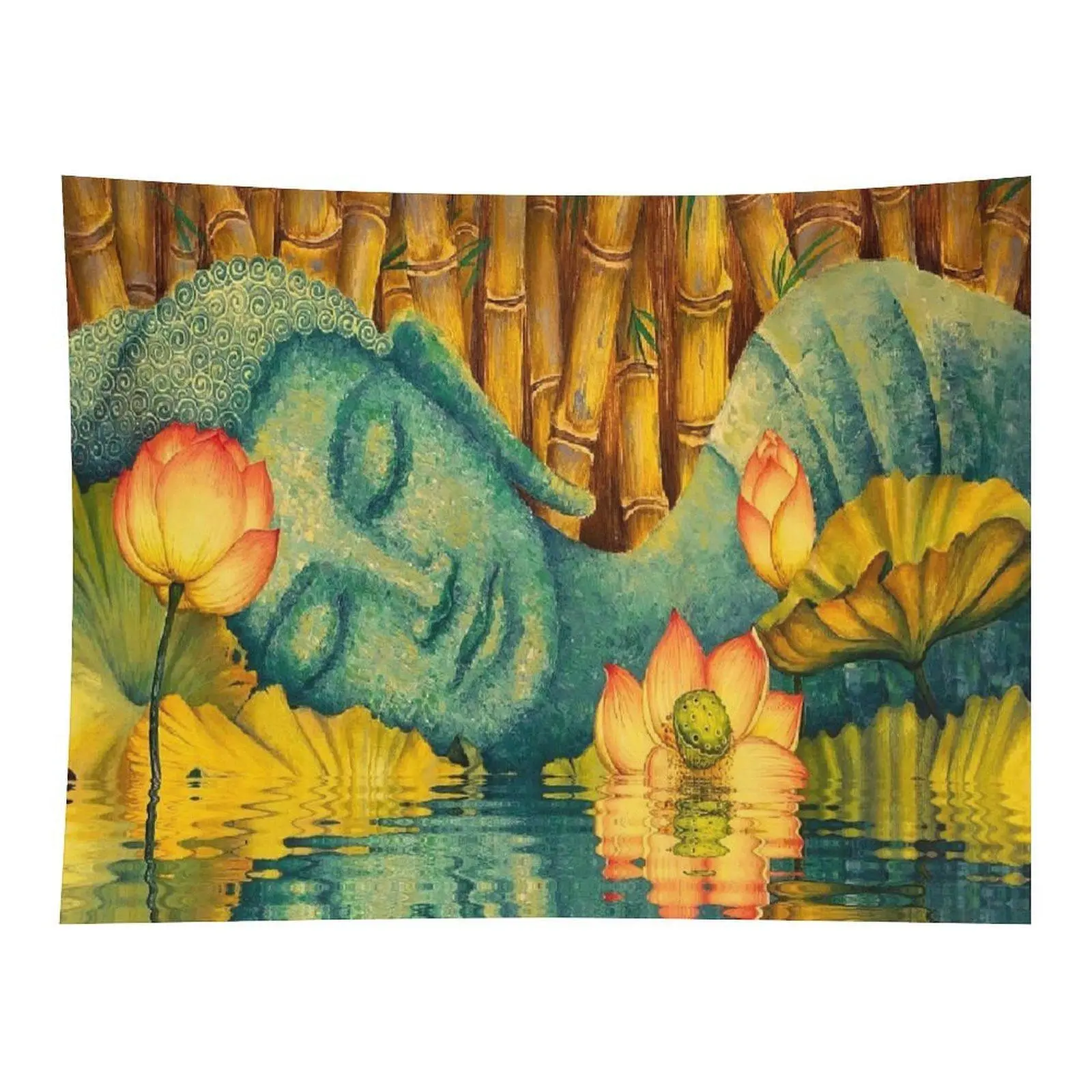 Reclining Buddha Lotus Bamboo Pond Zen Wall Tapestry Wall Hanging, Peaceful Green Buddha Water Lily Spiritual Meditation Decor for Yoga Room Bedroom Alt Dorm Backdrop