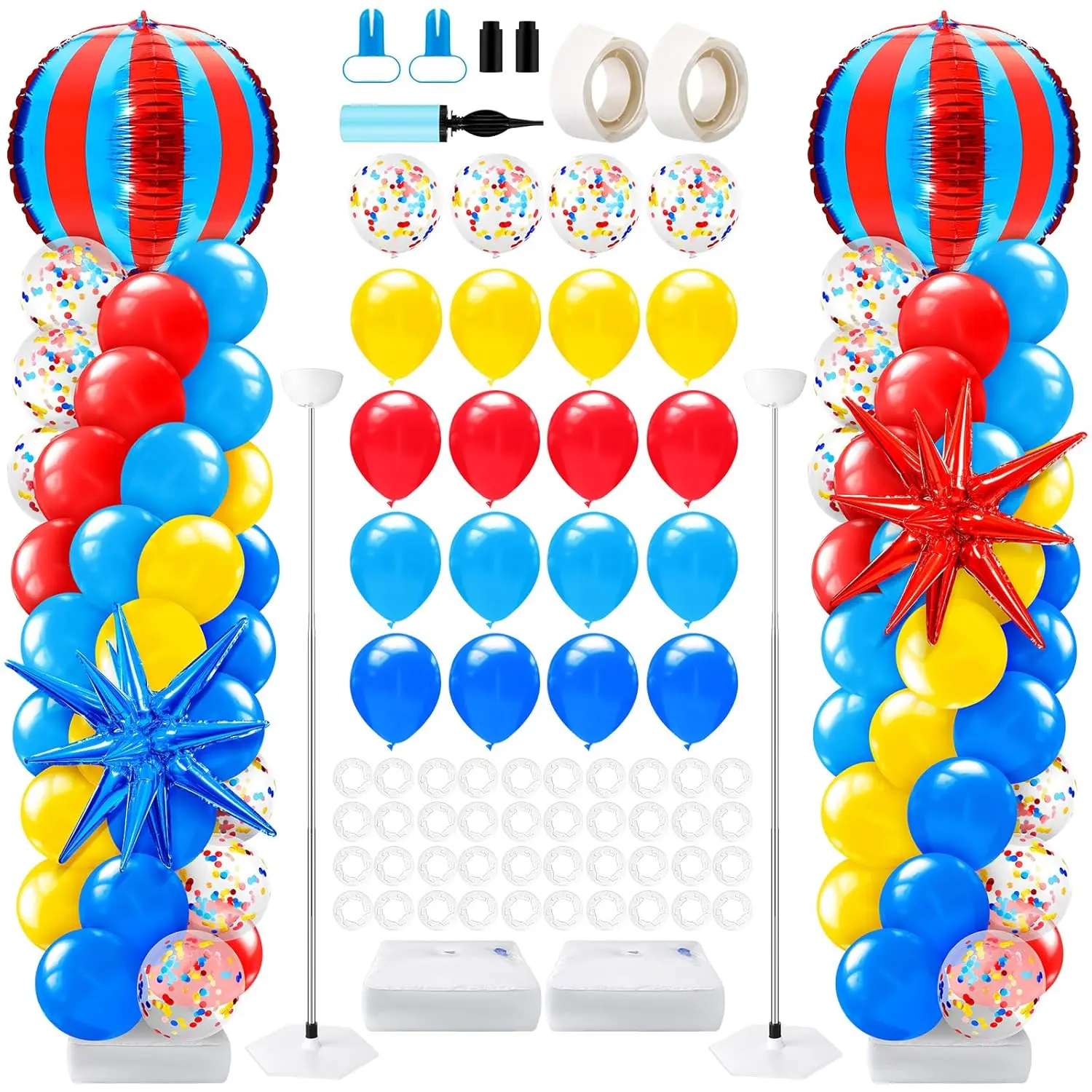 2 Set Carnival Balloon Column Kit, Red Blue Yellow Circus Garland Arch Set for Birthday Party Decor