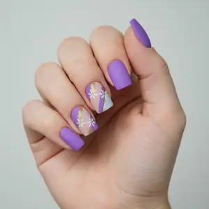 Elegant Purple Press On Nail Set with Floral Design and Gold Accents for Stylish Manicure