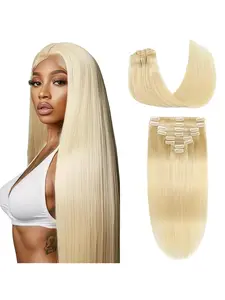 Blonde 613# Clip in Hair Extensions Real Human Hair Clip in Extensions for Thick Hair Platinum Blonde Natural Straight Remy Human Hair Extensions 14-28inch 100g 8Pcs