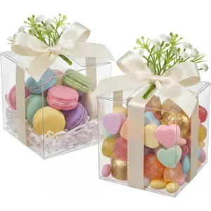 50 Sets 2.4" x 2.4" x 2.4" Artificial  Breath Clear Favor Boxes with Ribbons Small Plastic  Candy  Boxes Mini Transparent Cube for Wedding Bridal  Shower Birthday Party