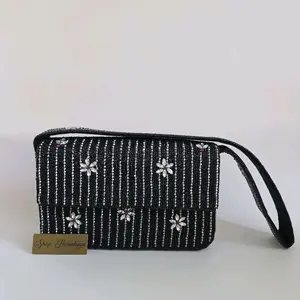 Black & Silver Beaded Evening Clutch - Floral Rhinestone Crossbody Bag - Elegant Handmade Wedding Guest Purse - Sparkly Cocktail Party Bag