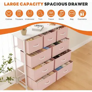 9-Drawer Dresser, Fabric Storage Tower For Bedroom, Hallway, Entryway, Closet, Tall Chest Organizer Unit With Fabric Bins, Steel Frame, Wood Top, Easy Pull Handle