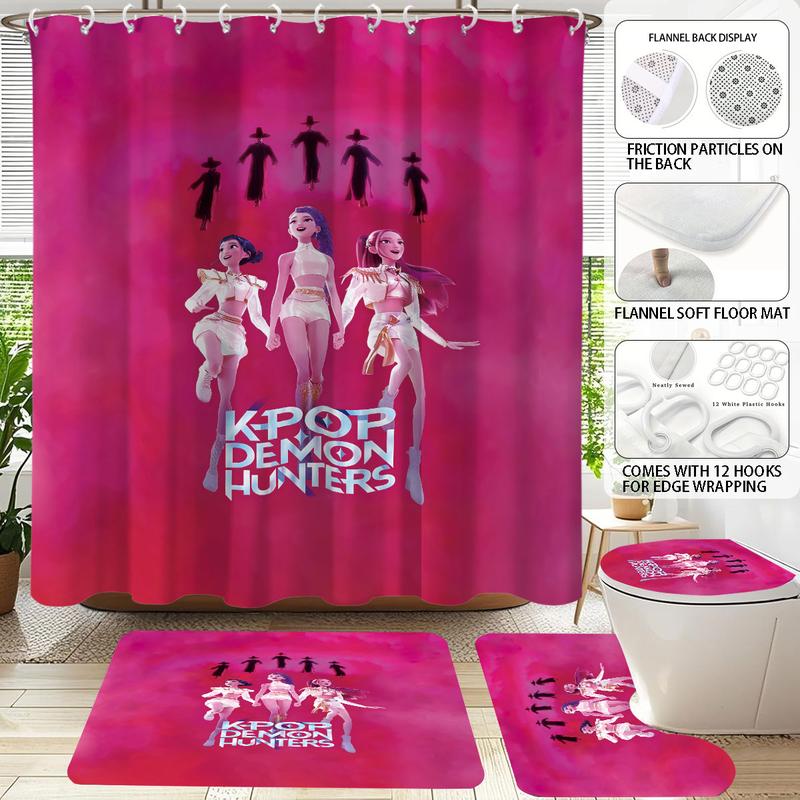 4pcs K-POP Demon Hunters Bathroom Set, Shower Curtain with Hooks, Non-Slip Bath Rug, U-Shaped Toilet Mat, Toilet Lid Cover, Bathroom Decoration Accessories
