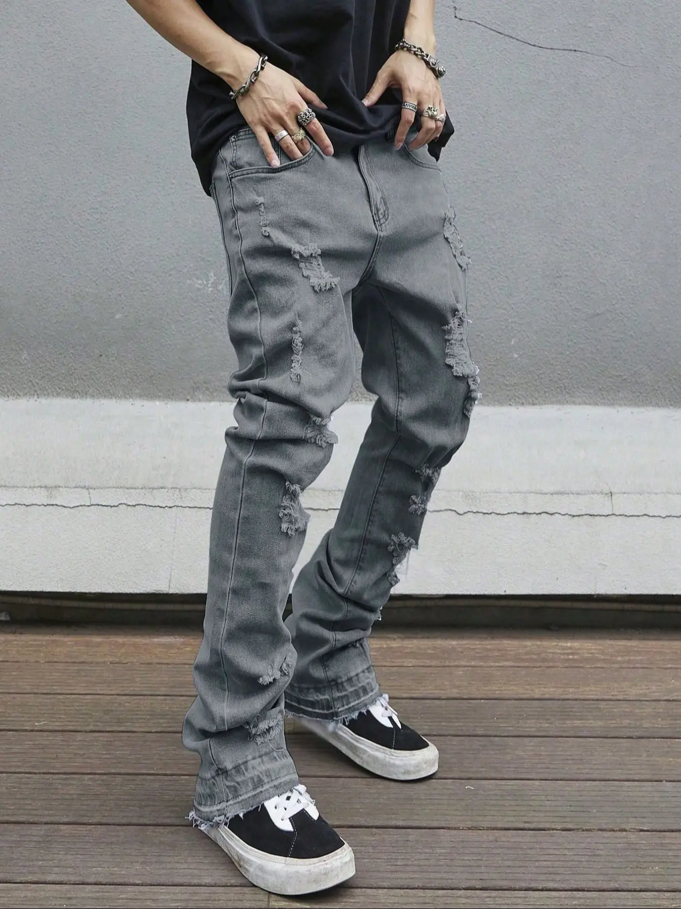 Men's solid color casual fashion skinny flared jeans, Menswear, Trouser, casual street-style comfortable mid-rise ripped denim pants, suitable for daily wear, Streetwear, Medium Stretch, Denim Clothing