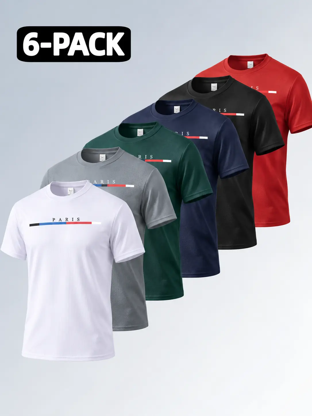 Men's 6-Pack Breathable Graphic T-Shirts - Quick-Dry Short-Sleeve Crew Neck Tees with Paris Print, Lightweight Casual Athletic Tops for Gym, Workout & Everyday Summer Wear, Men's T Shirts