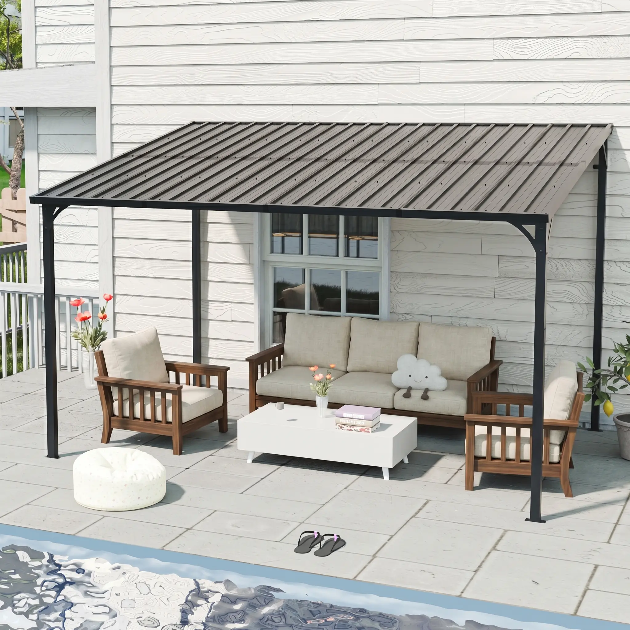 Metal Inclined Roof Pergola, Waterproof Wall-Mounted Iron Sheet Gazebo Shed for Patio, Garden & Yard