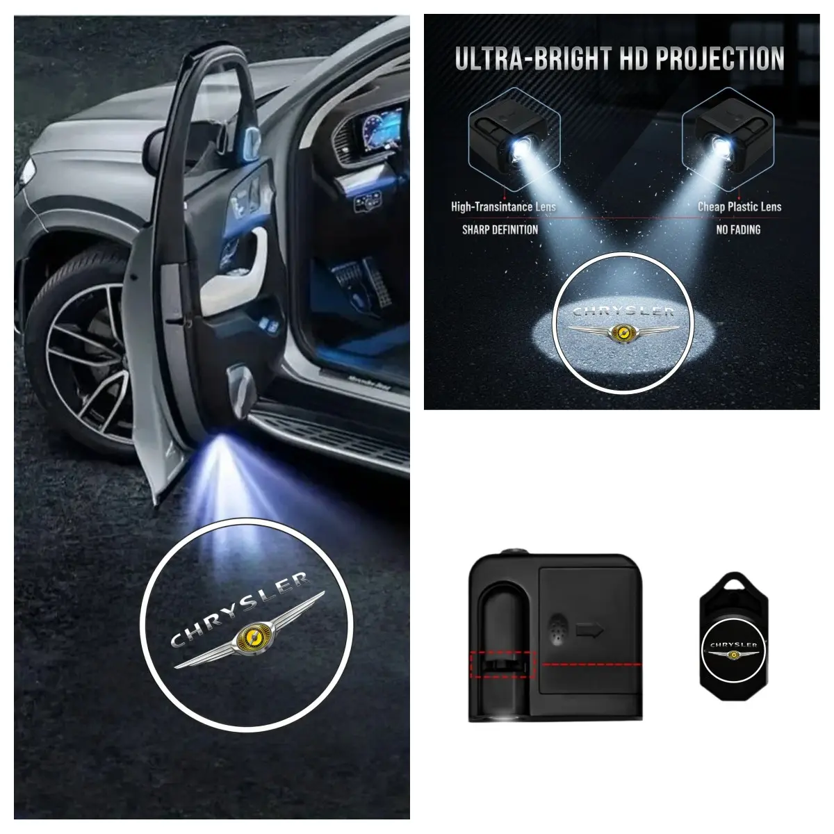 2 PCS Chrysler Door Projector Lights, No-Drill Stick-on LED Logo Ghost Shadow Ambient Lights, Universal Fit for Most Chrysler Models, Car Exterior Decoration Upgrade Accessories, Car Light Embellishments, Auto Decorative Light