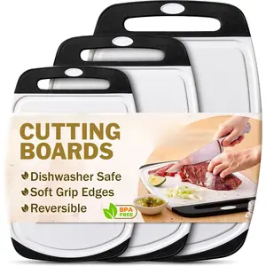 Chef Cutting Boards for Kitchen - BPA Free Plastic Cutting Board Set of 3, Chopping Board Set with Juice Grooves for Fruits, Veggies & Meat with Easy Grip Handle - Dishwasher Safe - Black Knives Sturdy