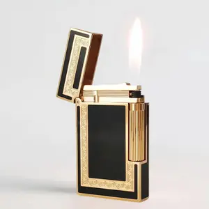 S.T Dupont Ligne 2 Black Flame with Gold Pattern Lighter - Solid Stainless Steel Alloy & Lacquer - 2 Sparks - 37x62x11mm