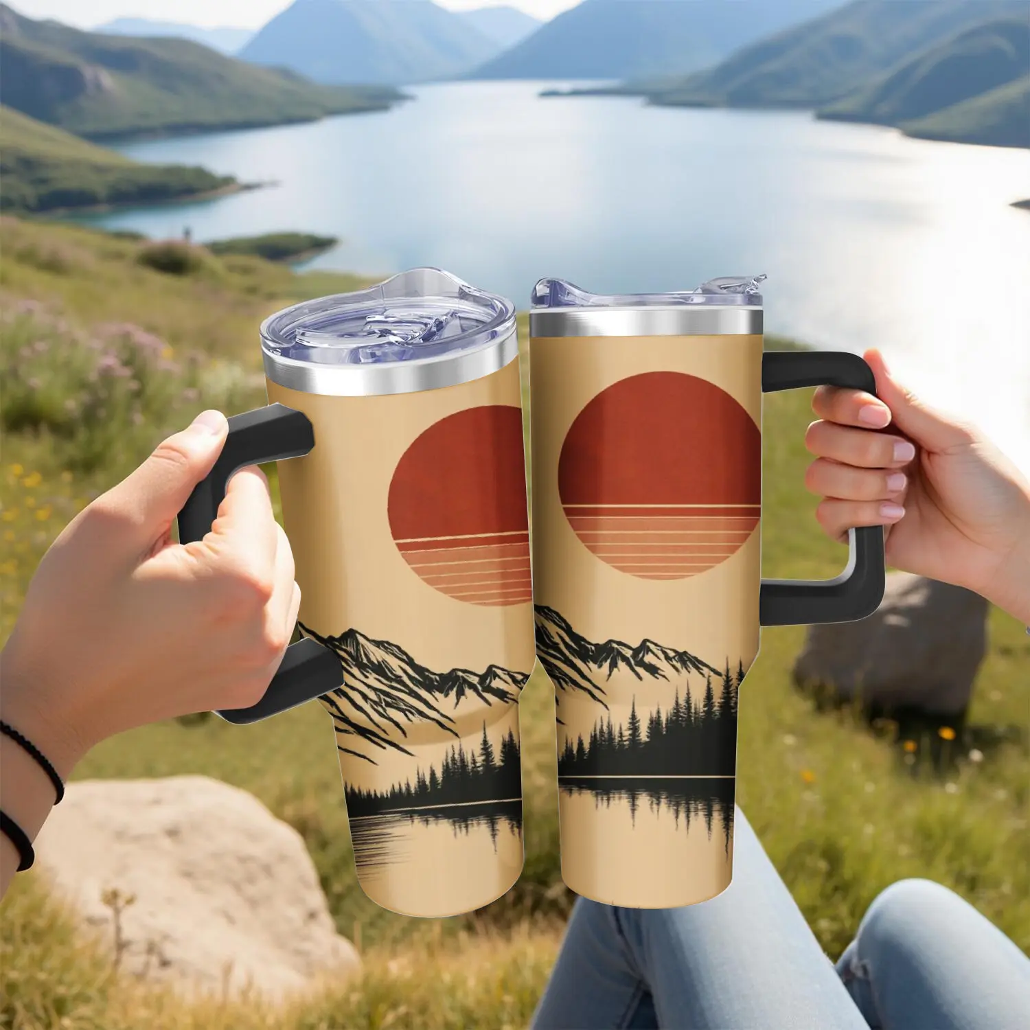 Stainless Steel Travel Mug with Lid - Beige with Sunset Mountain Landscape Print - Outdoor Camping, Hiking, Picnic, and Nature Lover Gift