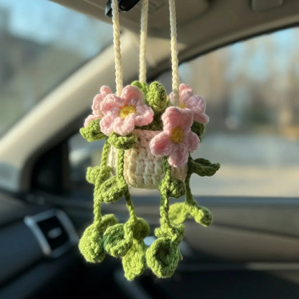 Handmade Crochet Car Hanging Plant, Cute Bohemian Style Car Decor, Rearview Mirror Ornament, Women's Interior Decoration