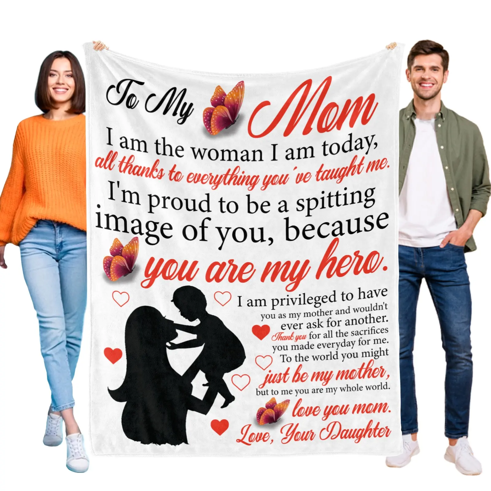 To My Mom Blanket from Daughter, Mother's Day Gift for Mom, Soft Flannel Throw Blanket with Mother-Daughter Silhouette & Grateful Quotes, Perfect for Home Decor