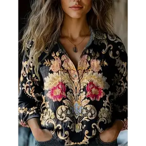 1 pc women’s bohemian print long-sleeve shirt, casual polyester blend with elastane, all-season lapel collar button-up top, women’s polo shirts, womenswear