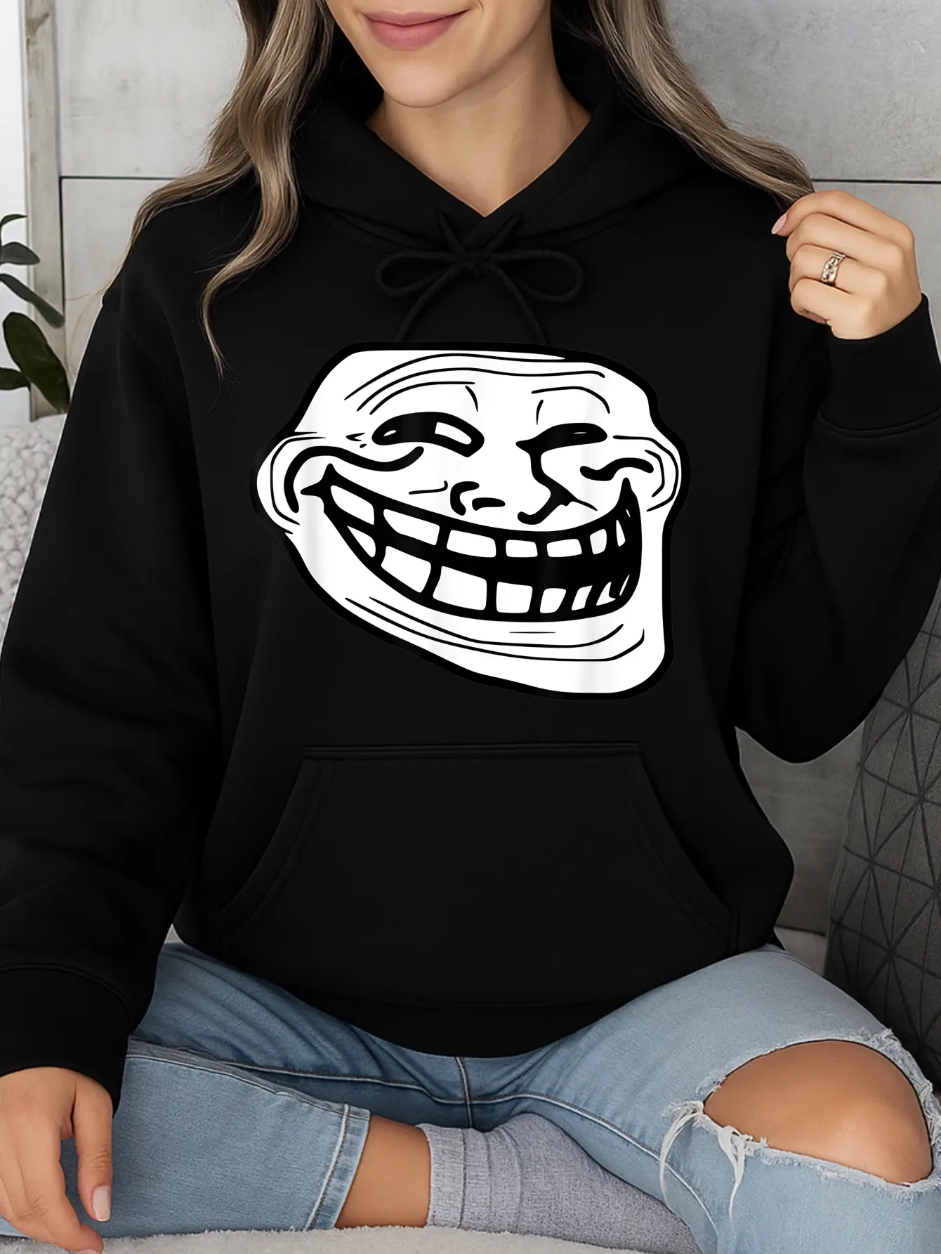 Unisex Black Cotton Troll Face Graphic Hoodie - Round Neck Long Sleeve Tops, Breathable Work & Casual Wear Clothes, Made in USA, Minimalist Fit Crewneck Sweatshirt