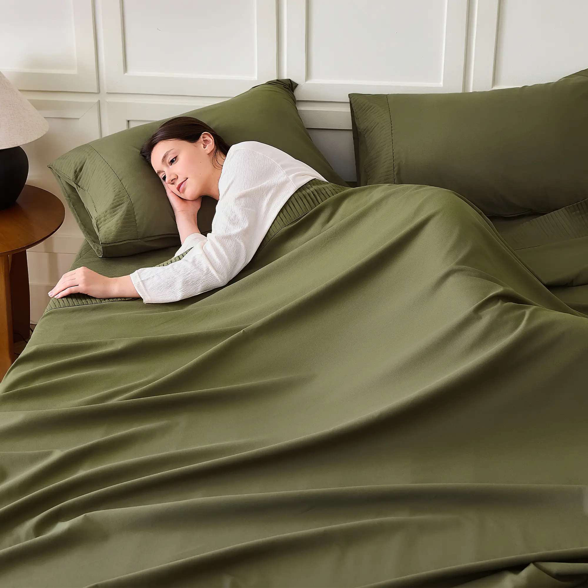 Litanika 4-Piece Luxury Hotel Breathable Decorative Household Microfiber Bedding Set - Silky Soft Deep Pocket Fitted Sheet, Pillowcases, Aesthetic Olive Green & More Colors, Breathable Bedding Set, Decorative Bedsheet Sets