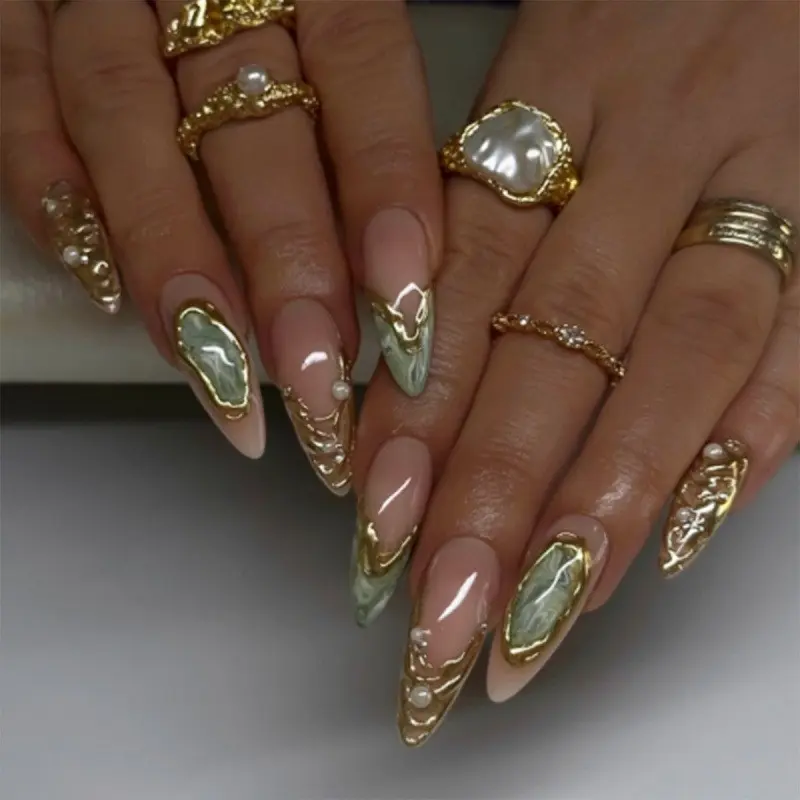 Handmade Pearl Nail Art Design, French Aurora Sand Effect, Reusable Press-On Nails for Women, Party and Daily Use, Nail Designs