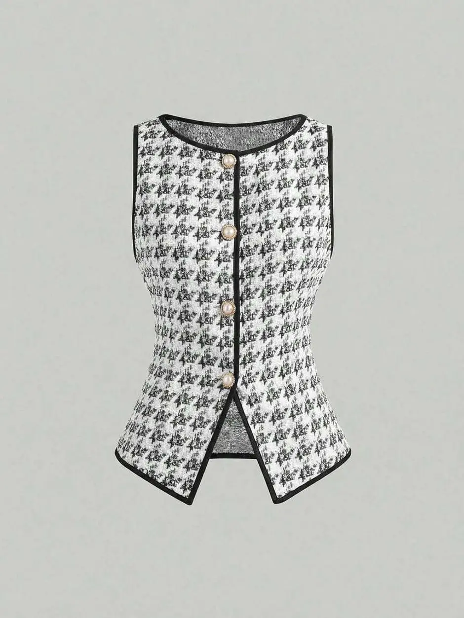 Women's Elegant Knitted Houndstooth Tank Top With Contrast Binding And Pearl Buttons