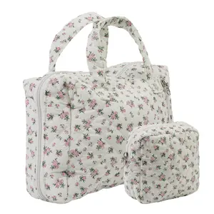 2 Pcs Cute Travel Makeup Bag for Women, Cosmetic Bags, Quilted Coquette Aesthetic Floral Toiletry Organizer Bag