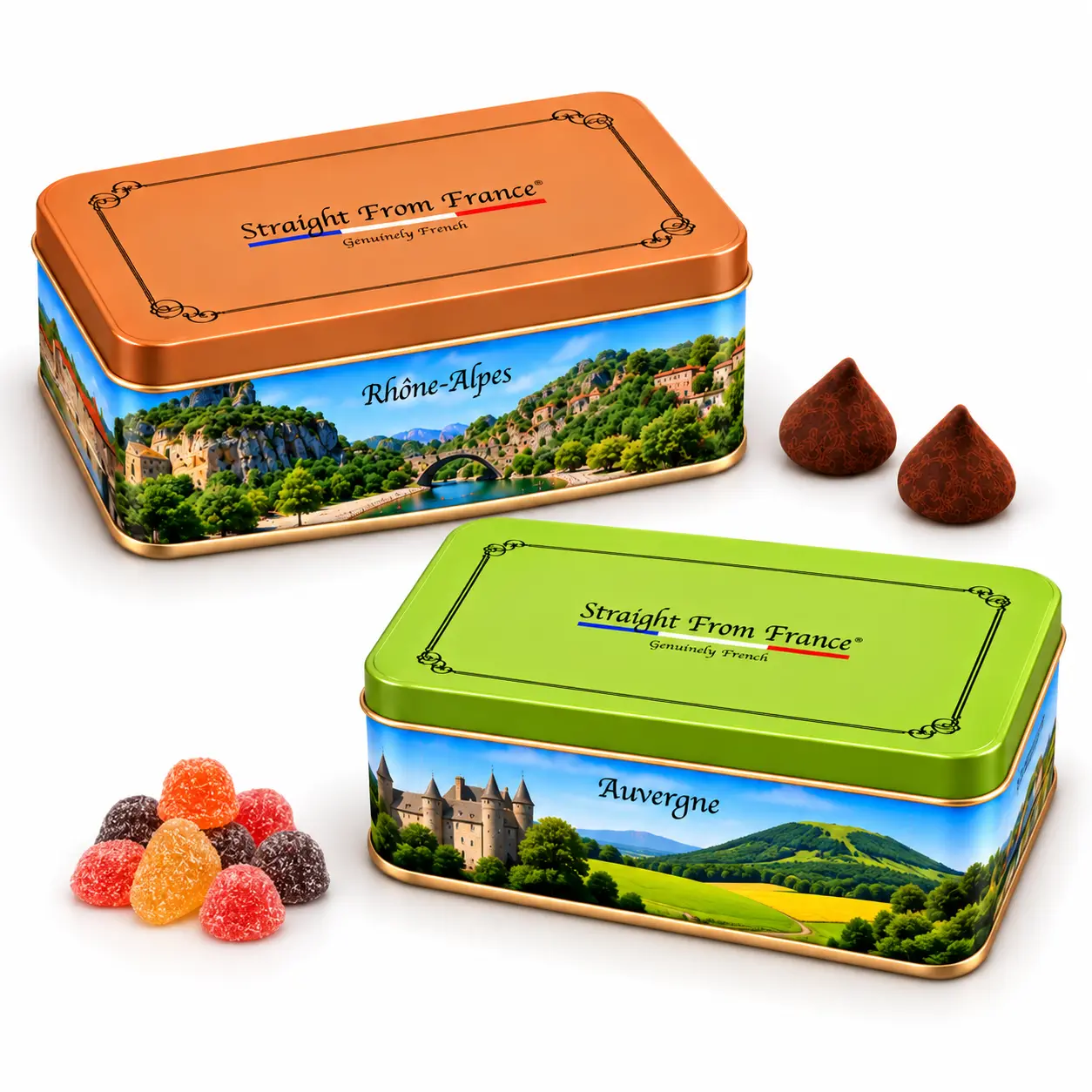 French Cocoa Truffles & Pate de Fruit Gift Set - 2 Candy Tins with Fruit & Choc Treats, French Imported Snacks Gift for Birthday, Easter