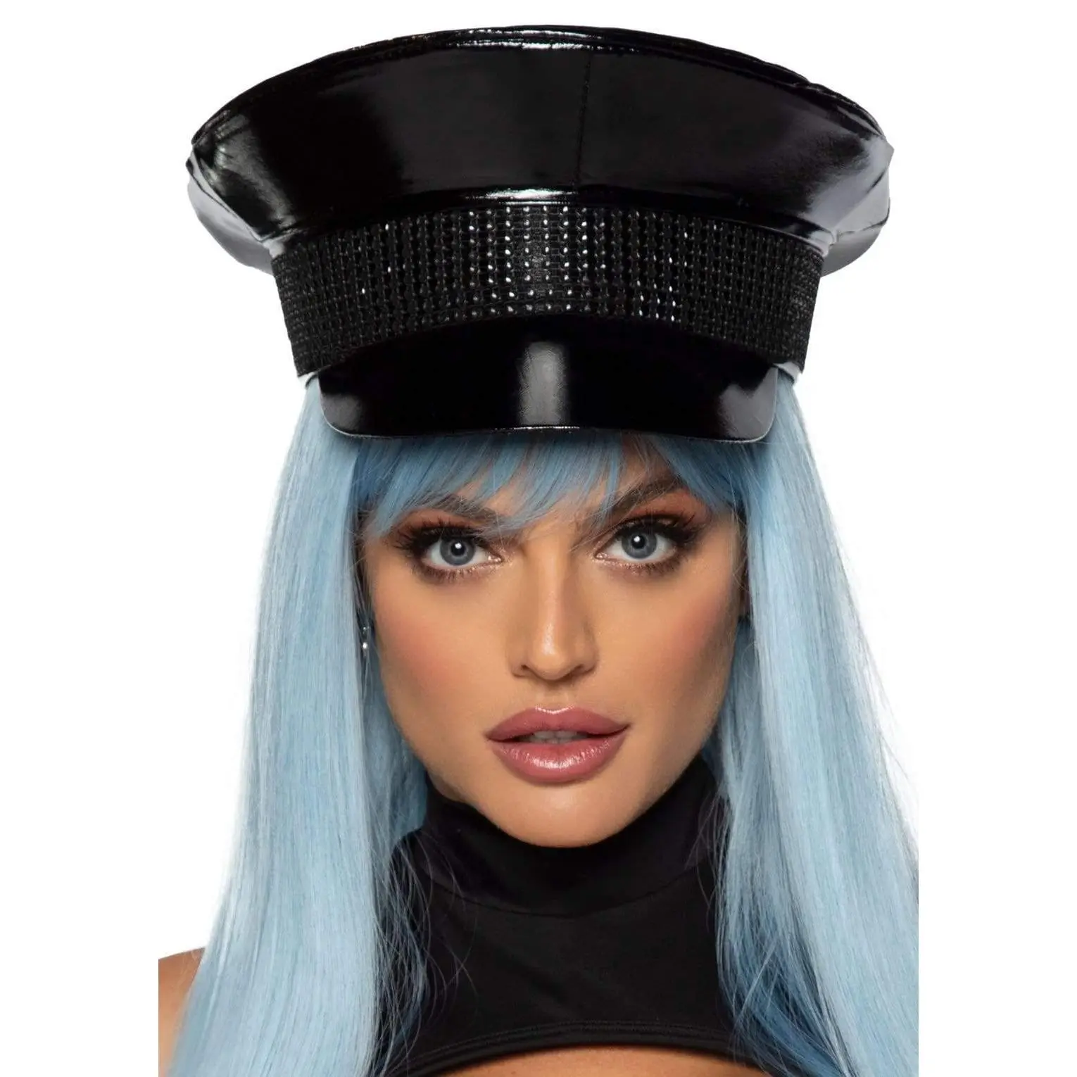 Women's Vinyl Captain Hat, Glamorous Military Style Accessory with Rhinestone Trim for Festivals, Raves & Halloween Costumes