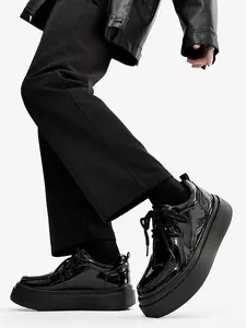 New Dark Style Shiny Thick Sole Leather Shoes, Unique Chunky Laces Design, Height Increasing Gear Bottom, Anti-Slip Wear-Resistant