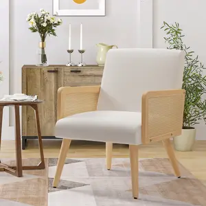 Accent Chair with Rattan Arms, Living Room Chairs with Wood Legs, Modern Armchair for Bedroom, Lounge Chair Indoor for Reading Room Kitchen Beige