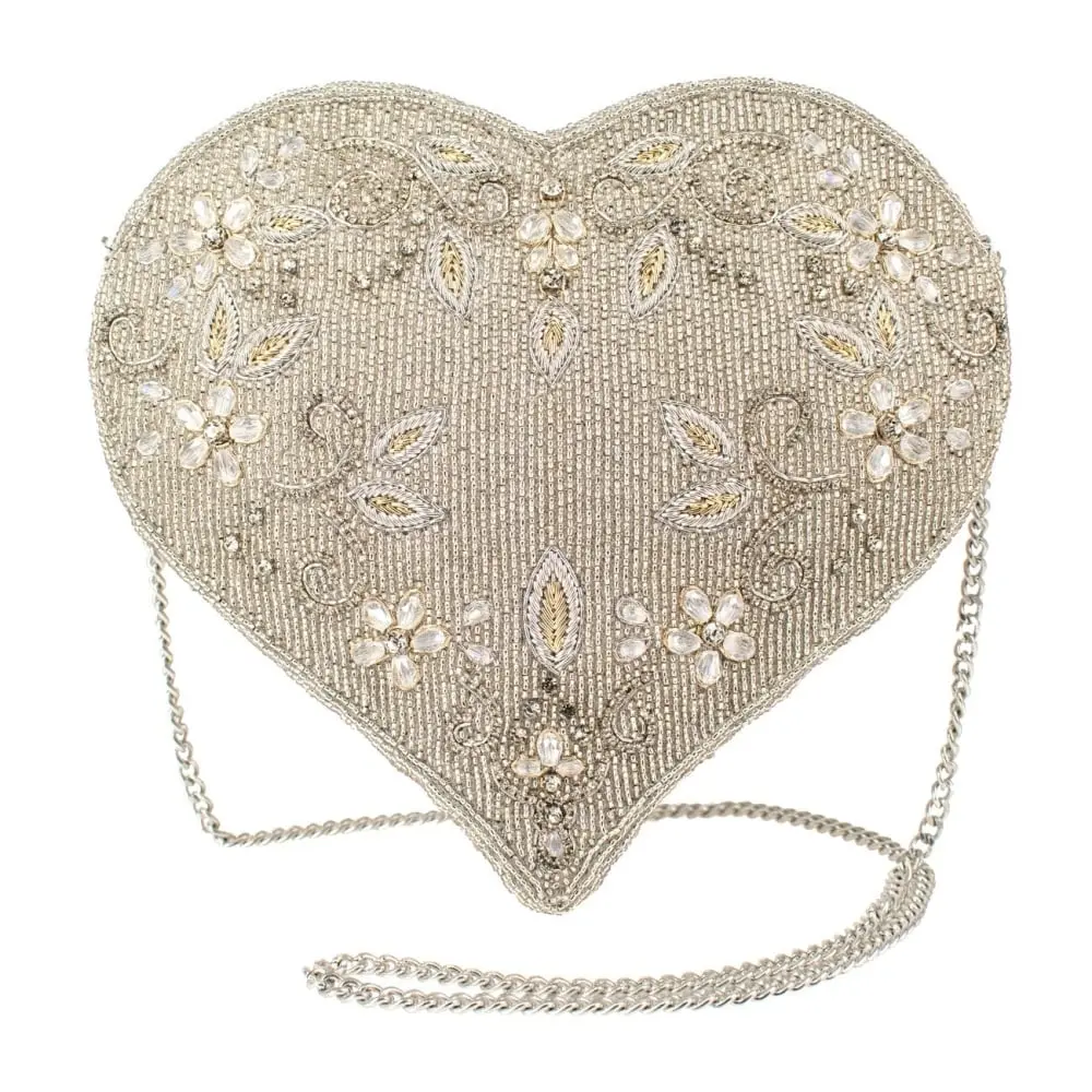 Women's Mary Frances Spark of Love Silver Beaded Heart Shape Shoulder Clutch Purse - Elegant Wedding Bridal Wristlet, Rhinestones, Hands-Free Functionality, Detachable Shoulder Strap