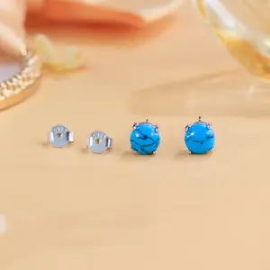 Elegant and Simple Style Round Blue Synthetic Turquoise Inlaid Golden Plated Stud Earrings-Pair of 925 Pure Silvery Women's Jewelry-Low Allergy, Casual Daily Wear, Birthday Party Gift, Holiday, Valentines Day, Perfect Gift for Friends and Family