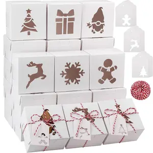 24 Pieces Christmas Cookie Boxes White Bakery Pastry Boxes with Window Pie Gift Containers Food Treats Container with Tags, Hemp Rope for Candy, Doughnuts, Cupcakes, Gifts