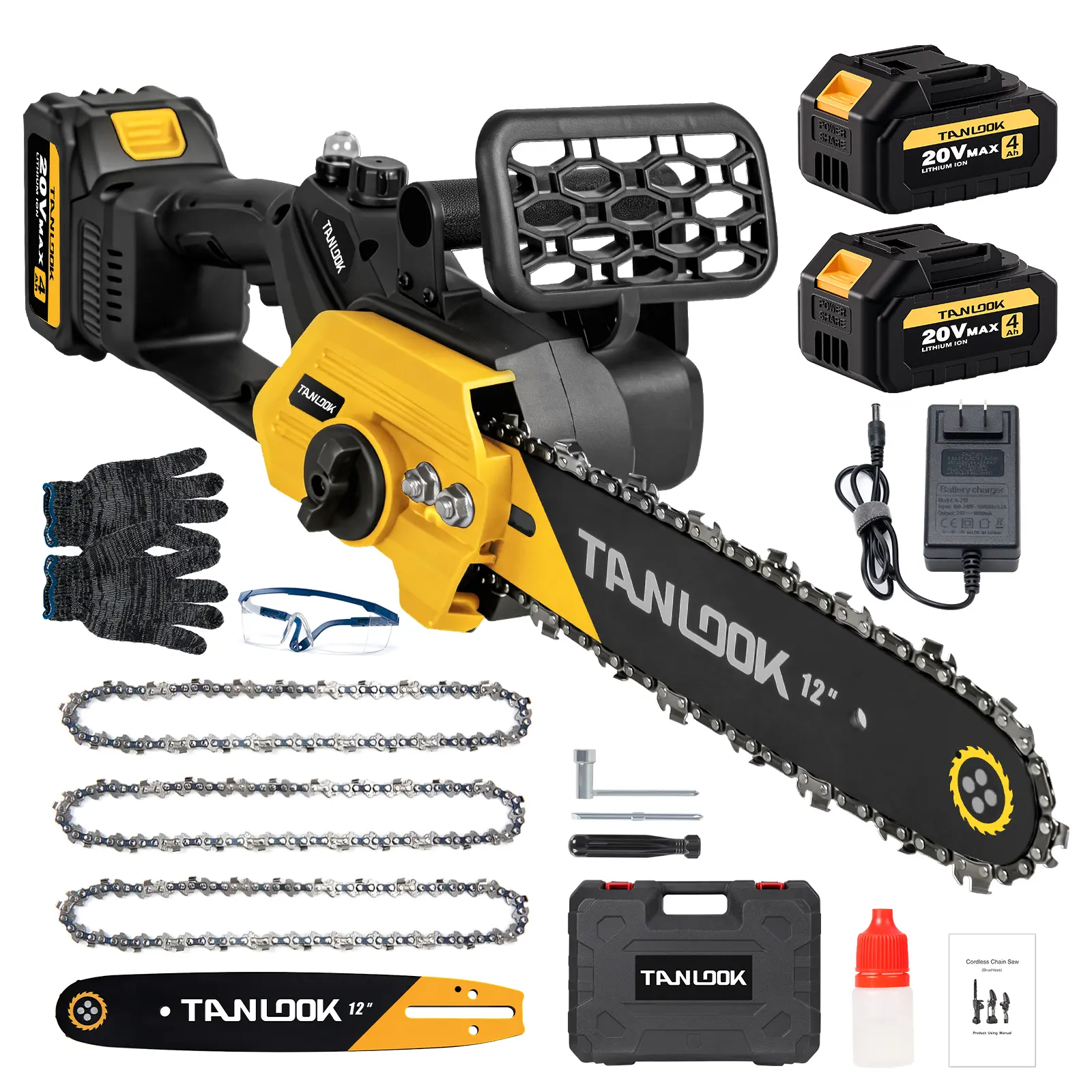 12-in Cordless Chainsaw, Battery Powered Portable Compact Handheld Outdoor Tool with 2×4Ah Batteries, Safety Lock, Cordless Freedom, Tightspace Reach for Wood Cutting, Tree Trimming (Ideal for Woodworkers MJ1) - Portable Chain Saws